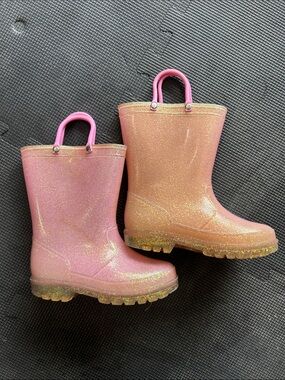 Kids Pink Glitter Rain Boots with Pull Handles